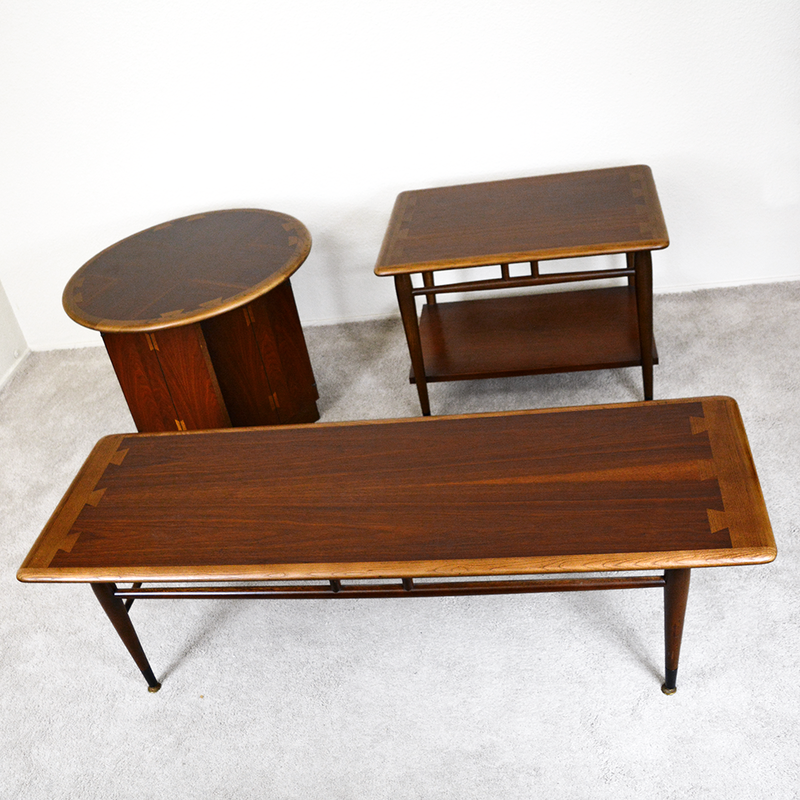 mid century lane acclaim dark walnut coffee table, side table and round hexagonal storage table las vegas mid mod crisis