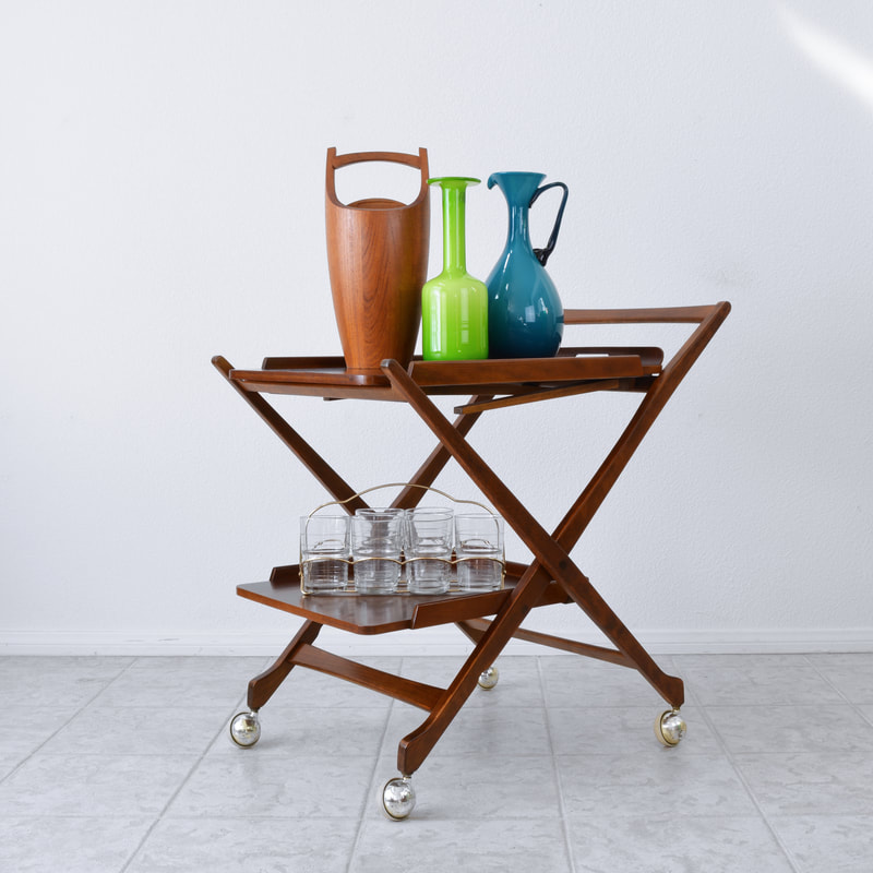 mid century danish bar cart with serving tray