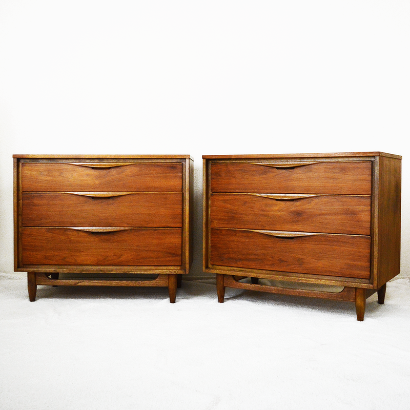 pair of mid century walnut chest of drawers 3 drawer dressers