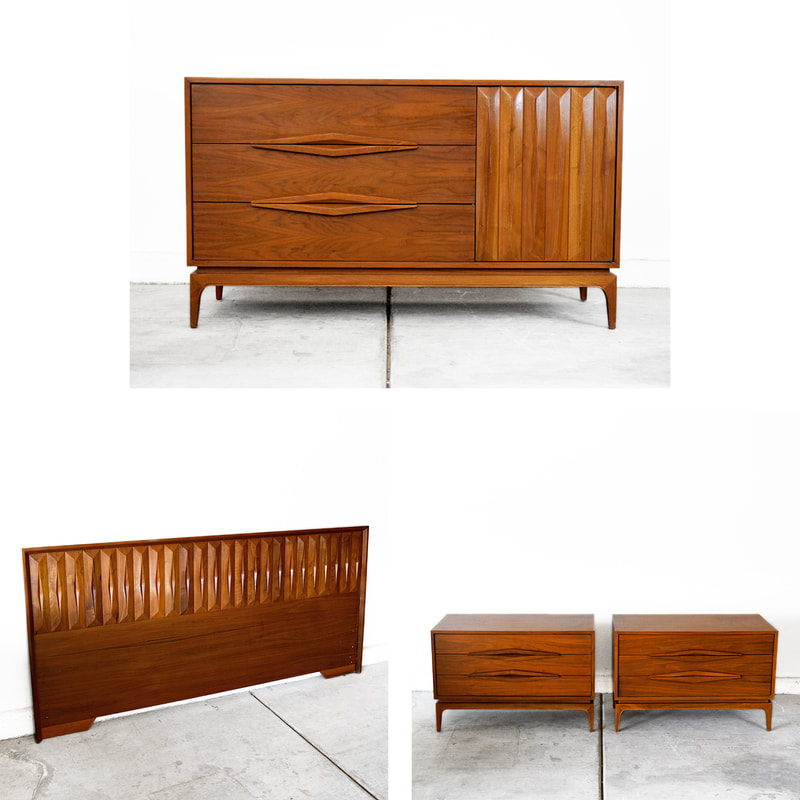 rare Mid Century 4 Piece Walnut Bedroom Set with King Headboard and Extra Large Nightstands by John Cameron Distinctive Furniture las vegas
