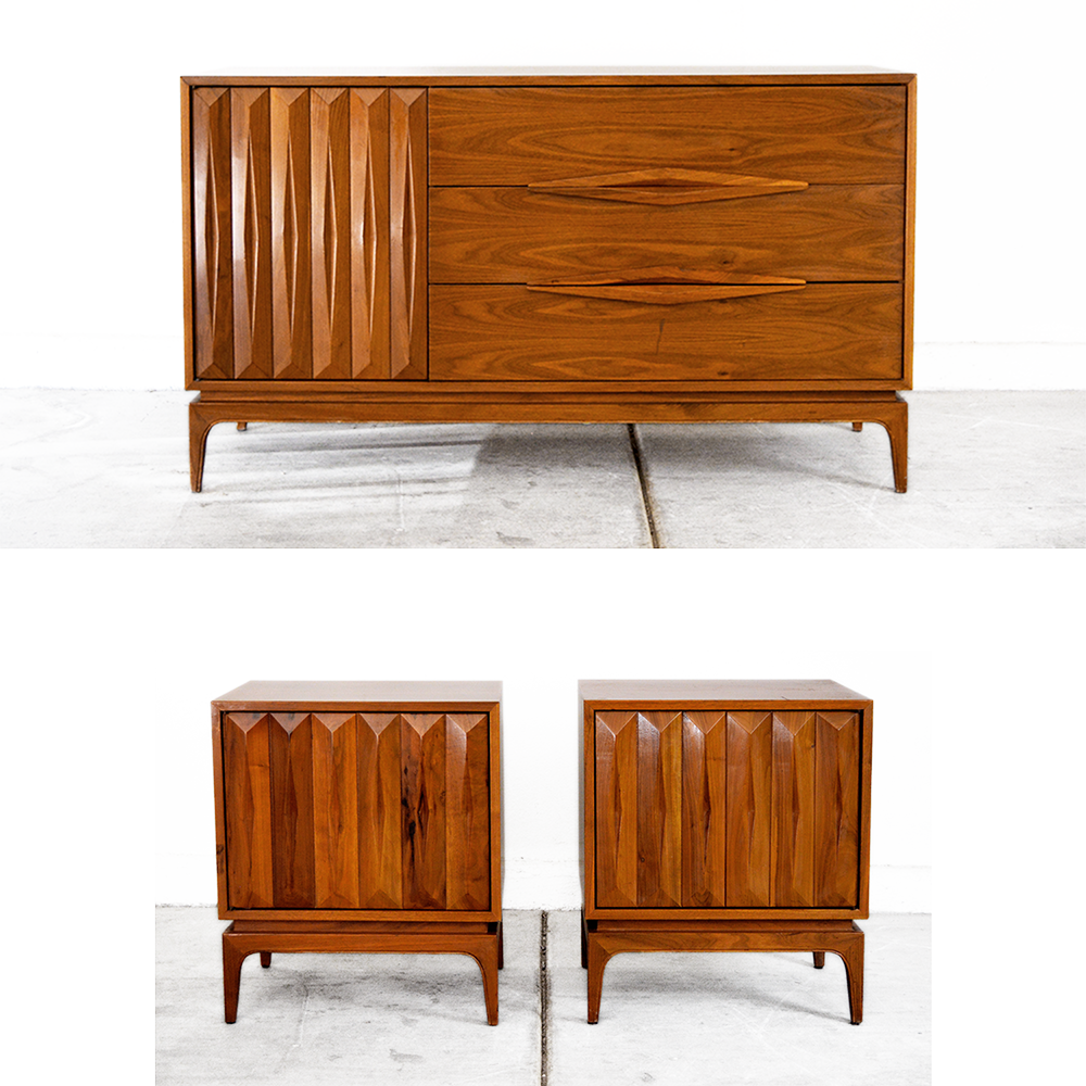 Rare Mid Century 3 Piece Walnut Bedroom Set with Lowboy Dresser and Nightstands by John Cameron Distinctive Furniture