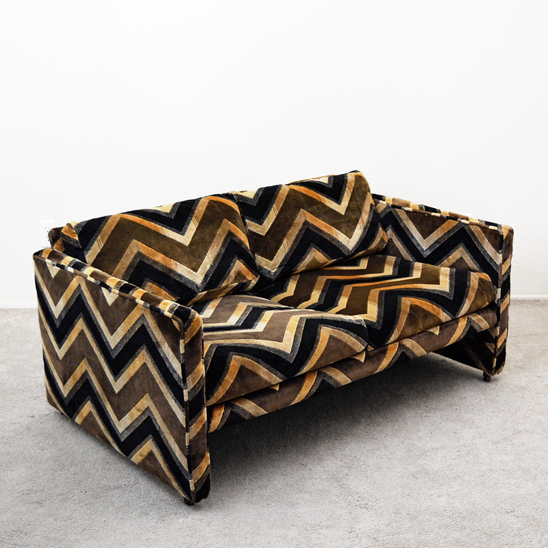 Milo Baughman style case sofa with Jack Lenor Larsen fabric upholstery