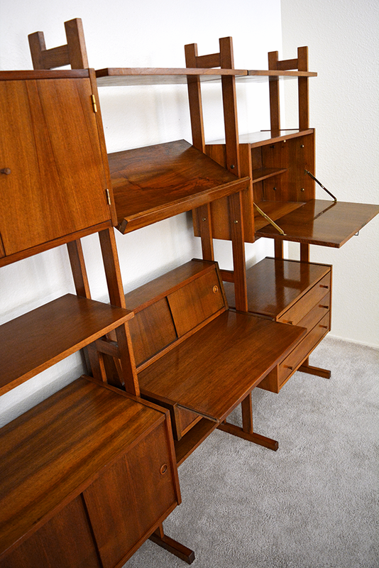 ​Mid Century Walnut 3 Bay Wall Unit / Room Divider with Pull Out Desk and Drop Front Bar las vegas