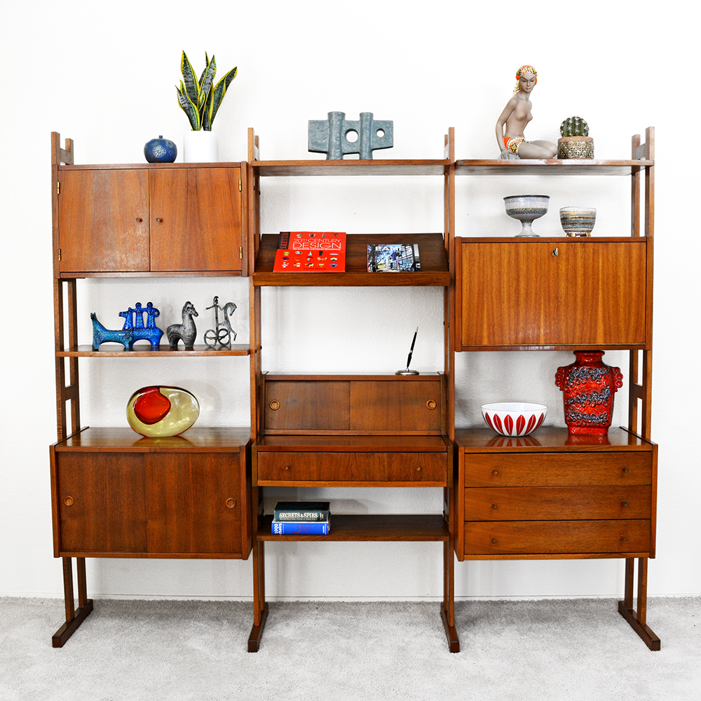 ​Mid Century Walnut 3 Bay Wall Unit / Room Divider with Pull Out Desk and Drop Front Bar las vegas