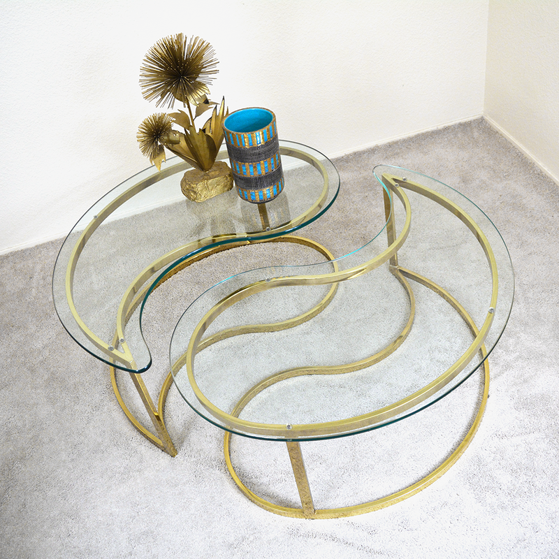 hollywood regency mid century brass and glass yin yang coffee tables las vegas